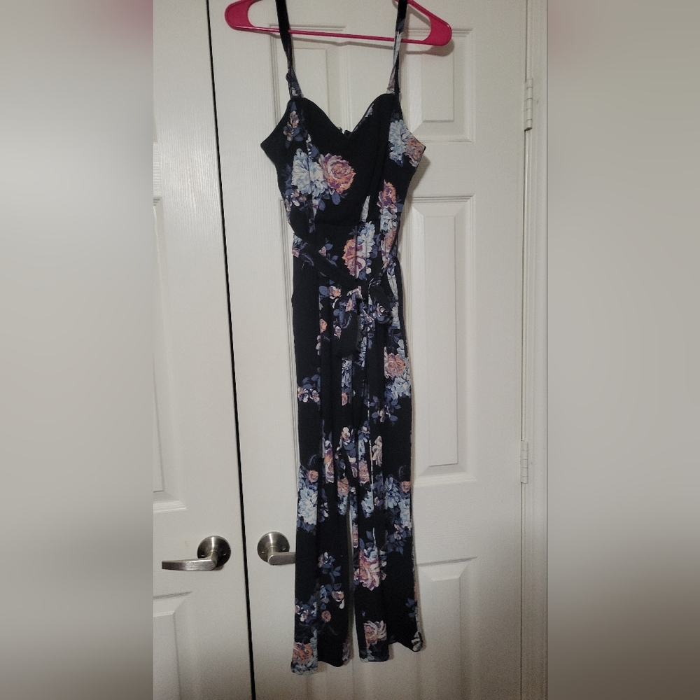 TORRID Black Floral Premium Ponte Self Tie Jumpsuit